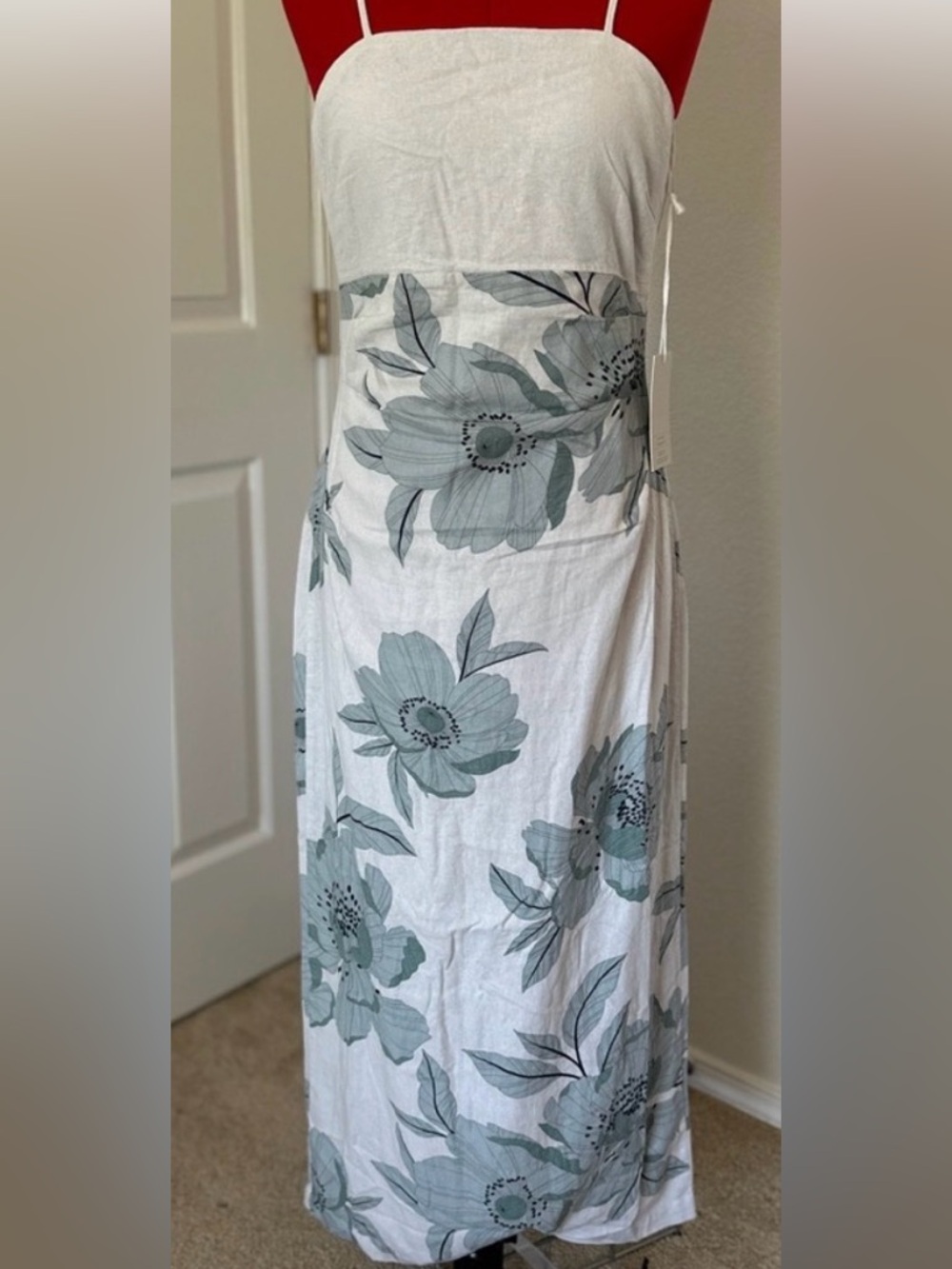 Joie White Strapless Midi Dress with Pale Blue Floral Print